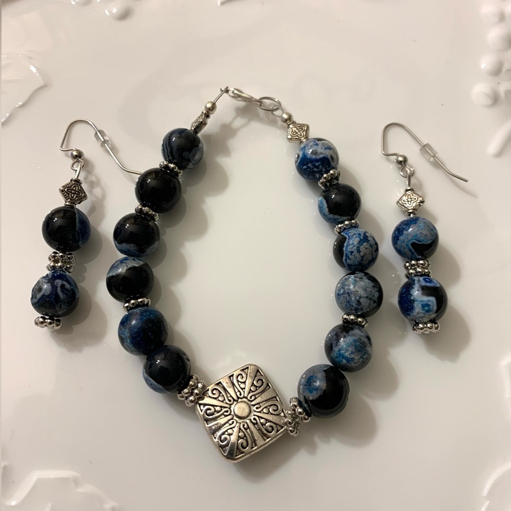 Handcrafted Women’s Jewelry 8” Blue Beaded Bracelet with 2 Inch Earrings